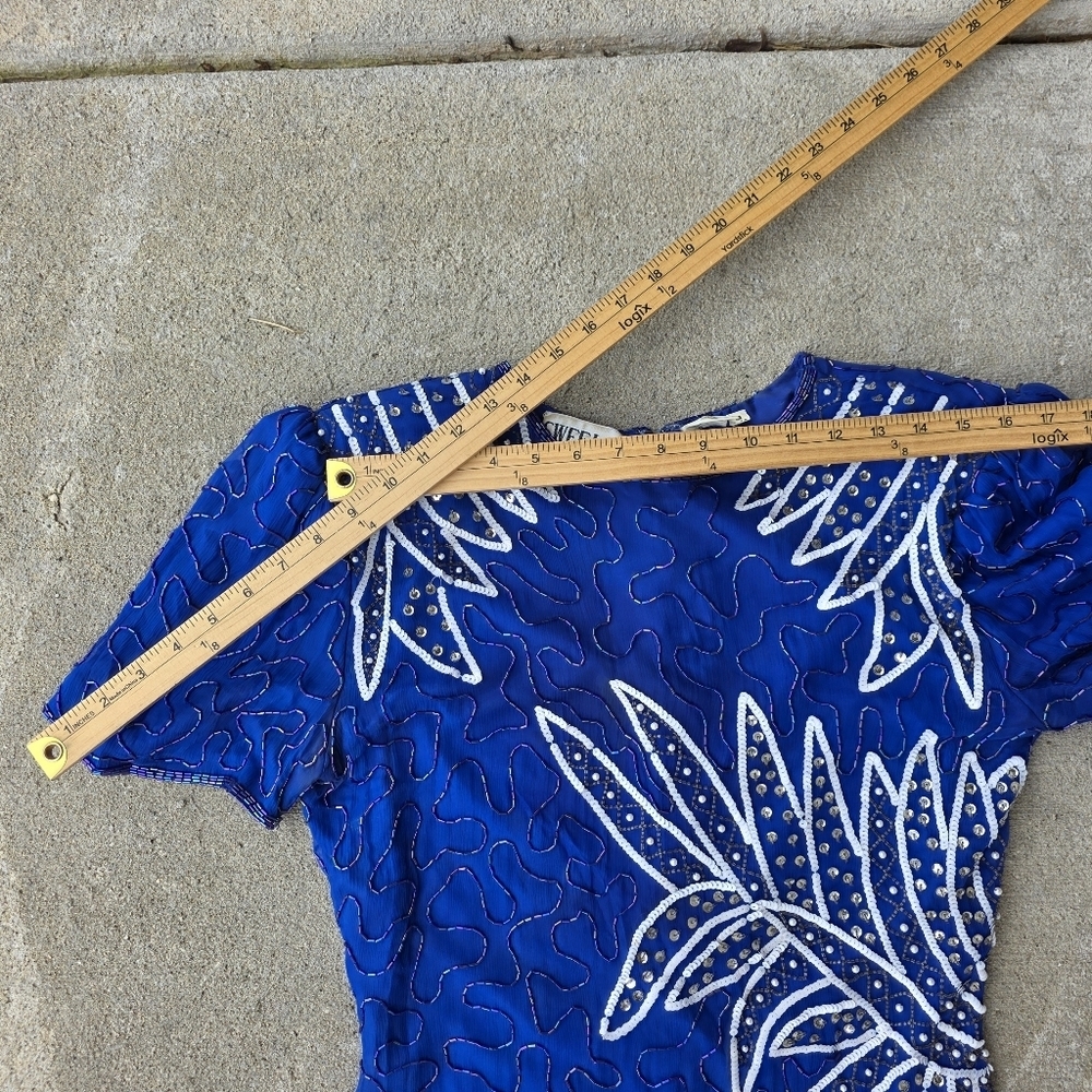 Vintage SWEELO Silk Beaded Blue Cocktail Dress 80s Art Deco Sheath M - Picture 14 of 16